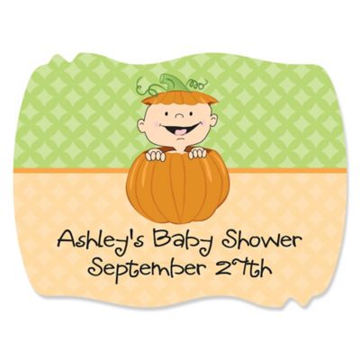 Little Pumpkin Caucasian - Personalized Baby Shower Squiggle Stickers - 16 ct