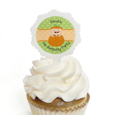 Little Pumpkin Caucasian - Personalized Birthday Party Cupcake Pick and Sticker Kit - 12 ct