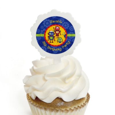 Robots - Personalized Birthday Party Cupcake Pick and Sticker Kit - 12 ct