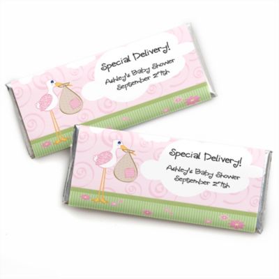 Stork Baby Girl - Personalized Baby Shower Candy Bar Wrapper Favors