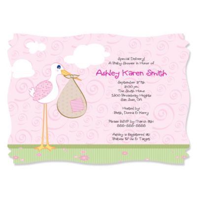 Stork Baby Girl - Personalized Baby Shower Invitations