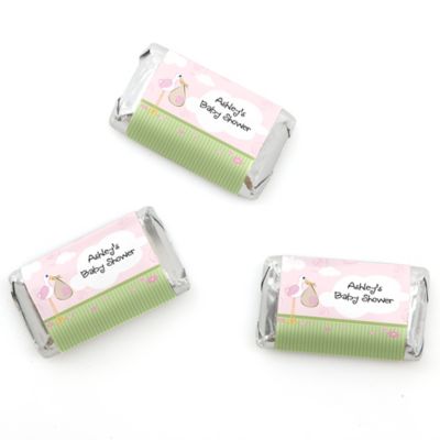Stork Baby Girl - Personalized Baby Shower Mini Candy Bar Wrapper Favors - 20 ct