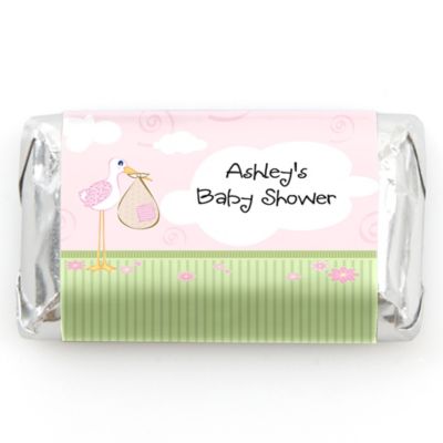 Stork Baby Girl - Personalized Baby Shower Mini Candy Bar Wrapper Favors - 20 ct