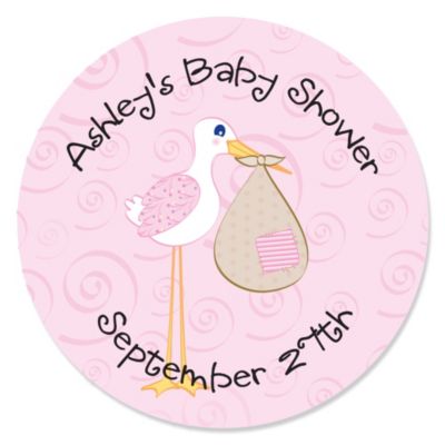 Stork Baby Girl - Personalized Baby Shower Sticker Labels - 24 ct