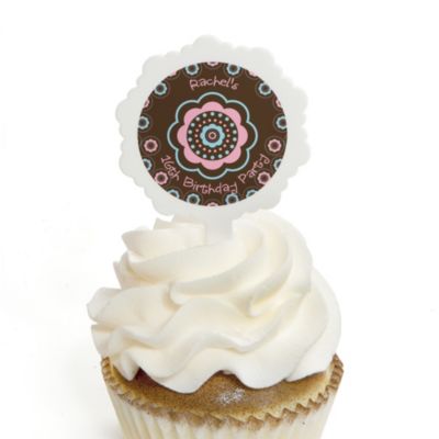 Trendy Flower - Personalized Birthday Party Cupcake Pick and Sticker Kit - 12 ct