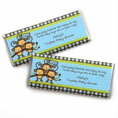 Triplet Monkey Boys - Personalized Baby Shower Candy Bar Wrapper Favors