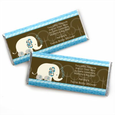 Twin Blue Baby Elephants - Personalized Baby Shower Candy Bar Wrapper Favors