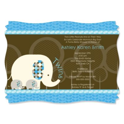 Twin Blue Baby Elephants - Personalized Baby Shower Invitations