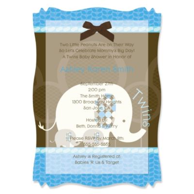 Twin Blue Baby Elephants - Personalized Baby Shower Vellum Overlay Invitations