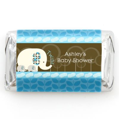 Twin Blue Baby Elephants - Personalized Baby Shower Mini Candy Bar Wrapper Favors - 20 ct