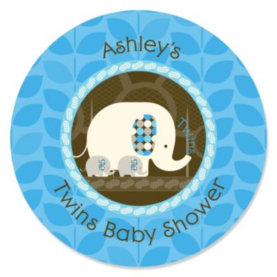 Twin Blue Baby Elephants - Personalized Baby Shower Sticker Labels - 24 ct