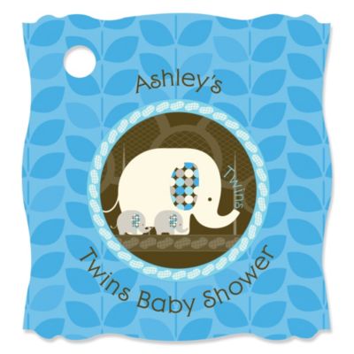 Twin Blue Baby Elephants - Personalized Baby Shower Tags - 20 ct