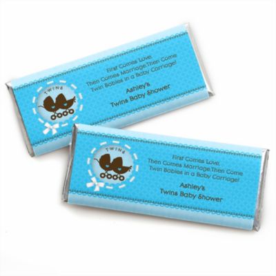 Twin Boy Baby Carriages - Personalized Baby Shower Candy Bar Wrapper Favors