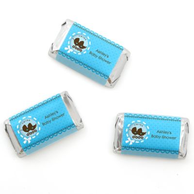 Twin Boy Baby Carriages - Personalized Baby Shower Mini Candy Bar Wrapper Favors - 20 ct