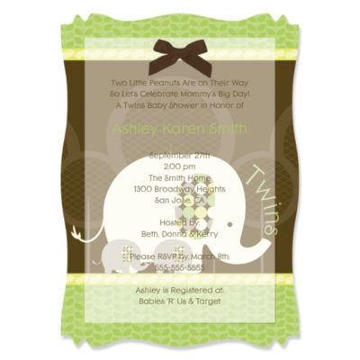 Twin Baby Elephants - Personalized Baby Shower Vellum Overlay Invitations