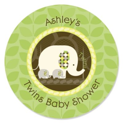 Twin Baby Elephants - Personalized Baby Shower Sticker Labels - 24 ct