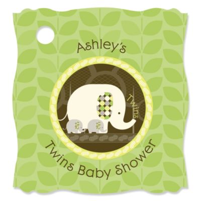 Twin Baby Elephants  - Personalized Baby Shower Tags - 20 ct