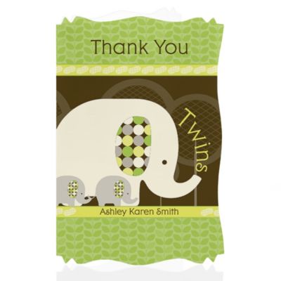 Twin Baby Elephants - Personalized Baby Shower Thank You Cards