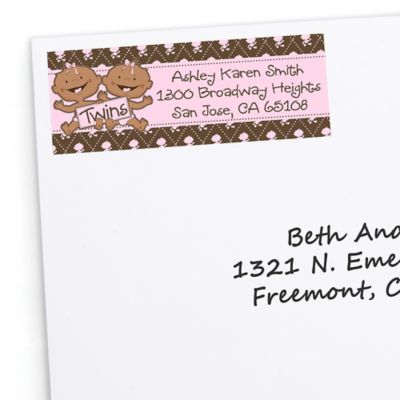 Twin Modern Baby Girls African American - Personalized Baby Shower Return Address Labels - 30 ct