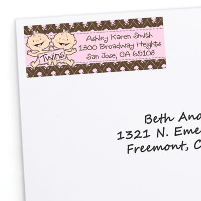 Twin Modern Baby Girls Caucasian - Personalized Baby Shower Return Address Labels - 30 ct