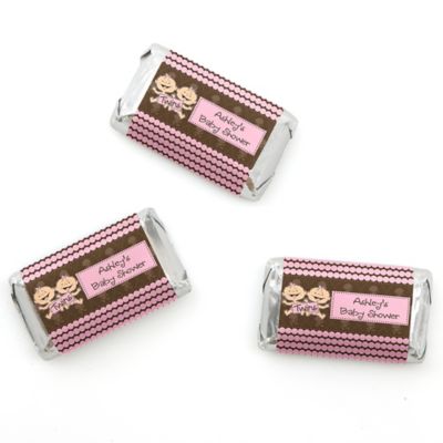 Twin Modern Baby Girls Caucasian - Personalized Baby Shower Mini Candy Bar Wrapper Favors - 20 ct