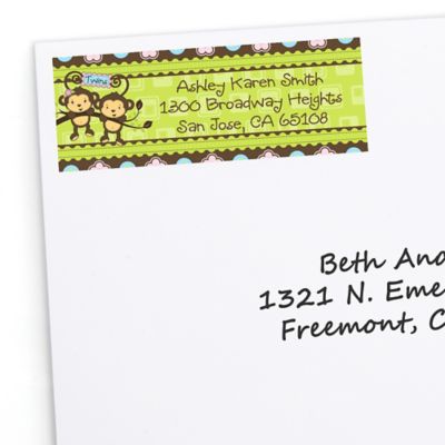 Twin Monkeys 1 Boy & 1 Girl - Personalized Baby Shower Return Address Labels - 30 ct