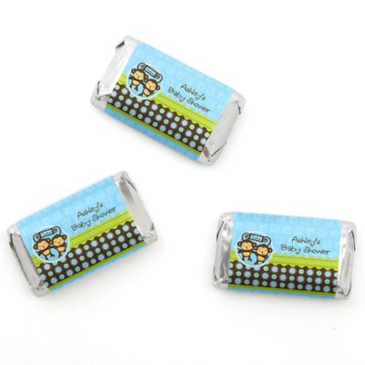 Twin Monkey Boys - Personalized Baby Shower Mini Candy Bar Wrapper Favors - 20 ct