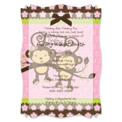 Twin Monkey Girls - Personalized Baby Shower Vellum Overlay Invitations