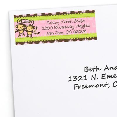 Twin Monkey Girls - Personalized Baby Shower Return Address Labels - 30 ct