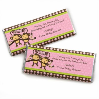 Twin Monkey Girls - Personalized Baby Shower Candy Bar Wrapper Favors