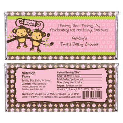 Twin Monkey Girls - Personalized Baby Shower Candy Bar Wrapper Favors