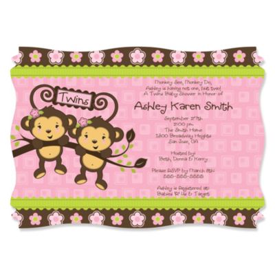 Twin Monkey Girls - Personalized Baby Shower Invitations