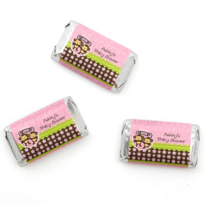 Twin Monkey Girls - Personalized Baby Shower Mini Candy Bar Wrapper Favors - 20 ct