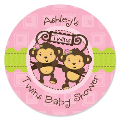 Twin Monkey Girls - Personalized Baby Shower Sticker Labels - 24 ct