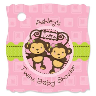 Twin Monkey Girls - Personalized Baby Shower Tags - 20 ct