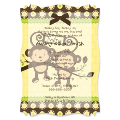Twin Monkeys Neutral - Personalized Baby Shower Vellum Overlay Invitations