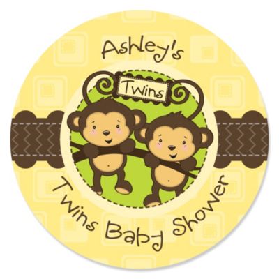 Twin Monkeys Neutral - Personalized Baby Shower Sticker Labels - 24 ct