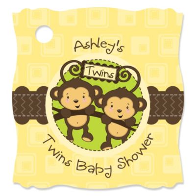 Twin Monkeys Neutral - Personalized Baby Shower Tags - 20 ct