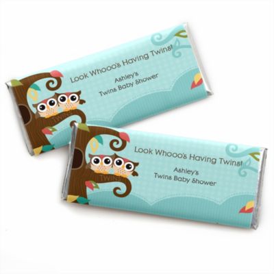 Owl - Look Whooo's Having Twins - Personalized Baby Shower Candy Bar Wrapper Favors