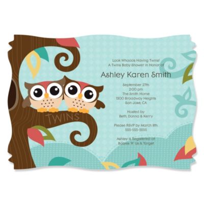 Owl - Look Whooo's Having Twins - Personalized Baby Shower Invitations