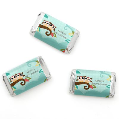Owl - Look Whooo's Having Twins - Personalized Baby Shower Mini Candy Bar Wrapper Favors - 20 ct