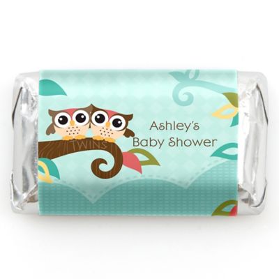 Owl - Look Whooo's Having Twins - Personalized Baby Shower Mini Candy Bar Wrapper Favors - 20 ct