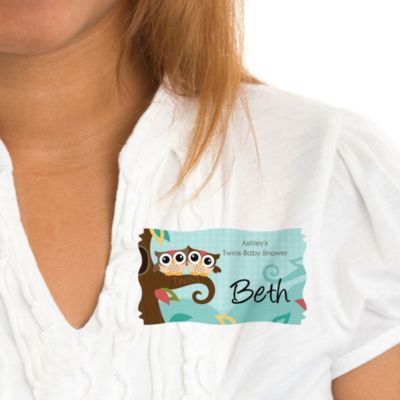 Owl - Look Whooo's Having Twins - Personalized Baby Shower Name Tag Stickers - 8 ct