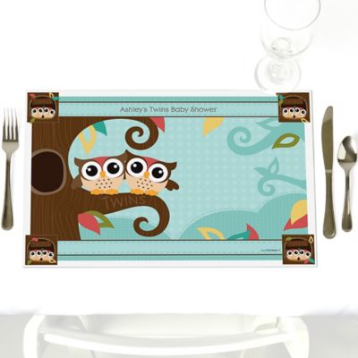 Owl - Look Whooo's Having Twins - Personalized Baby Shower Placemats