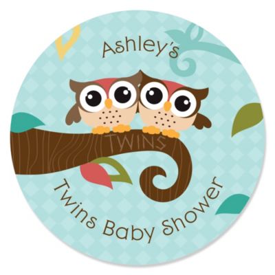 Owl - Look Whooo's Having Twins - Personalized Baby Shower Sticker Labels - 24 ct