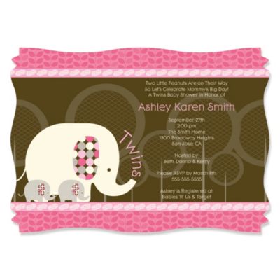 Twin Pink Baby Elephants - Personalized Baby Shower Invitations