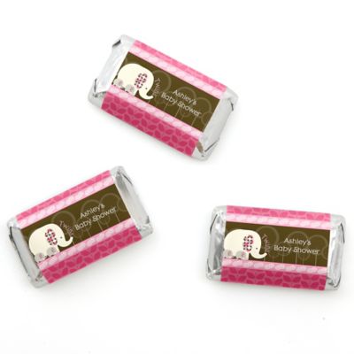 Twin Pink Baby Elephants - Personalized Baby Shower Mini Candy Bar Wrapper Favors - 20 ct