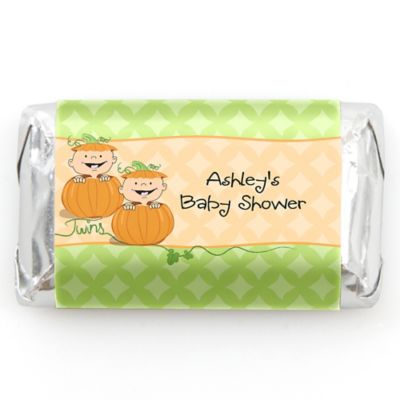 Twin Little Pumpkins Caucasian - Personalized Baby Shower Mini Candy Bar Wrapper Favors - 20 ct