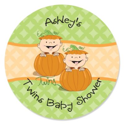 Twin Little Pumpkins Caucasian - Personalized Baby Shower Sticker Labels - 24 ct