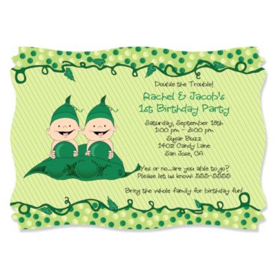 Twins Two Peas in a Pod Caucasian - Personalized Birthday Party Invitations